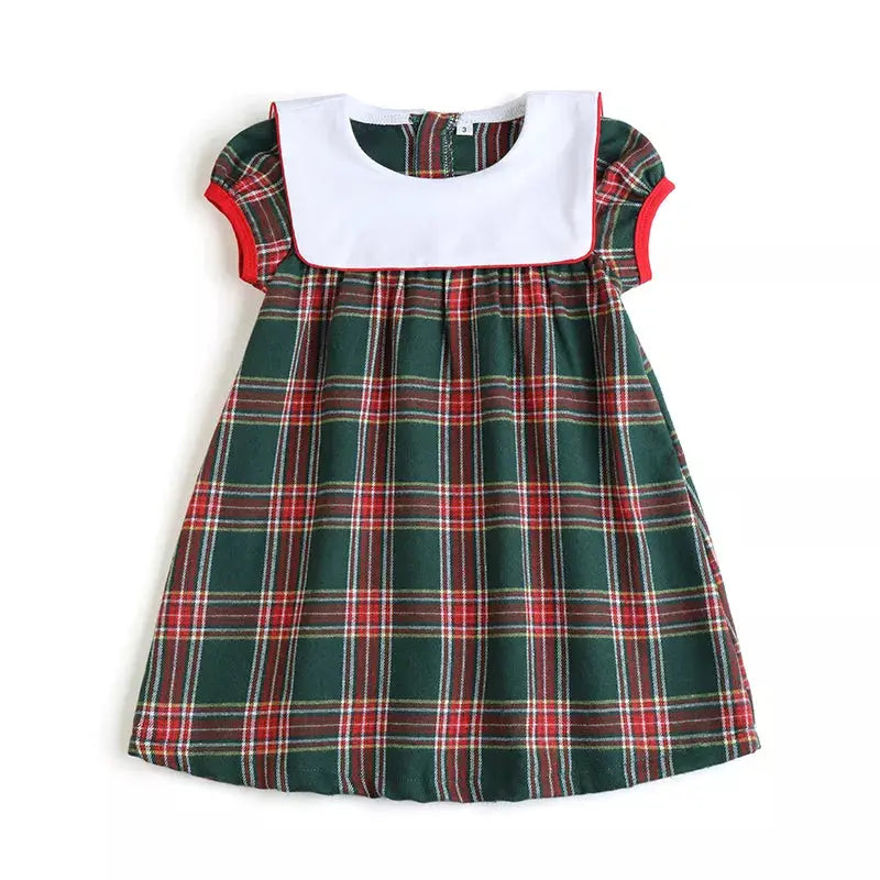 Girls Plaid Christmas Dress With Bib Neck And Puffy Sleeves Pink Poodle Designz