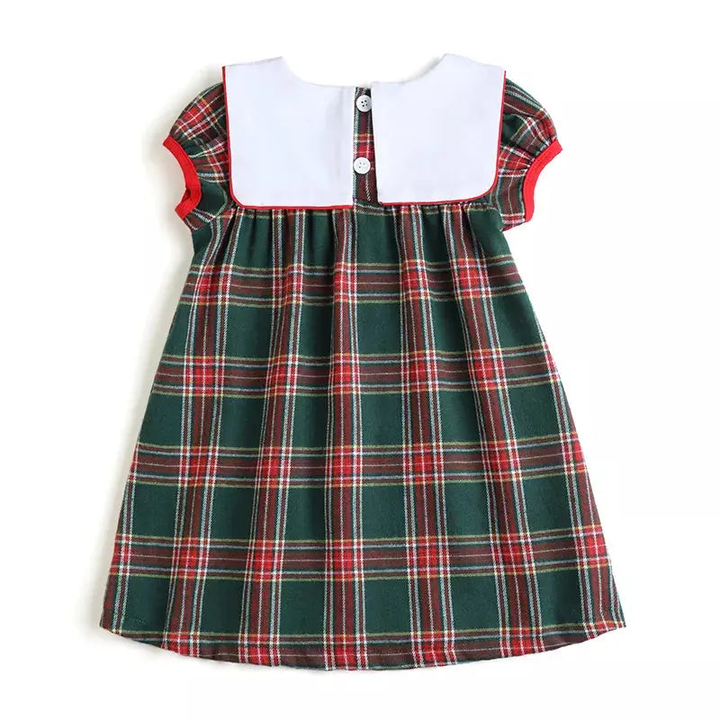 Girls Plaid Christmas Dress With Bib Neck And Puffy Sleeves Pink Poodle Designz