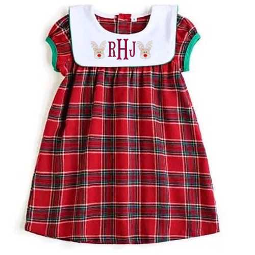 Girls Plaid Christmas Dress With Bib Neck And Puffy Sleeves Pink Poodle Designz