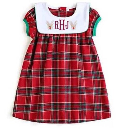 Girls Plaid Christmas Dress With Bib Neck And Puffy Sleeves Pink Poodle Designz