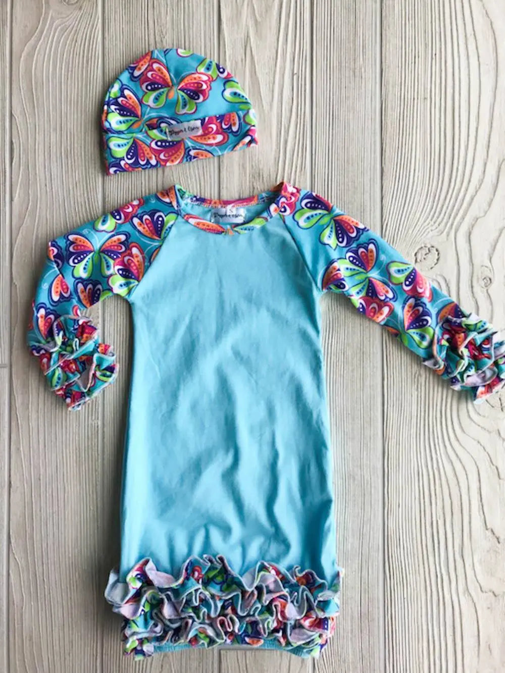 Infant Girl's Long Sleeve Turquoise Butterfly Ruffle Infant Gown Blanks Boutique