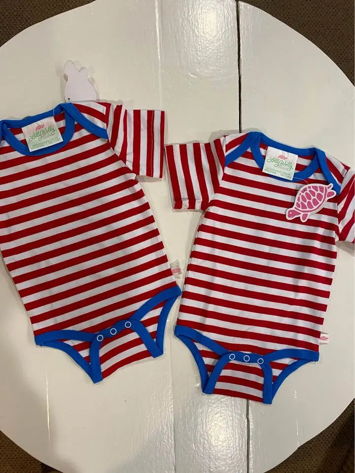 Lolly Wolly Doodle Red/White Stripe With Blue Edging Bodysuit  3-6 Months Pink Poodle Designz