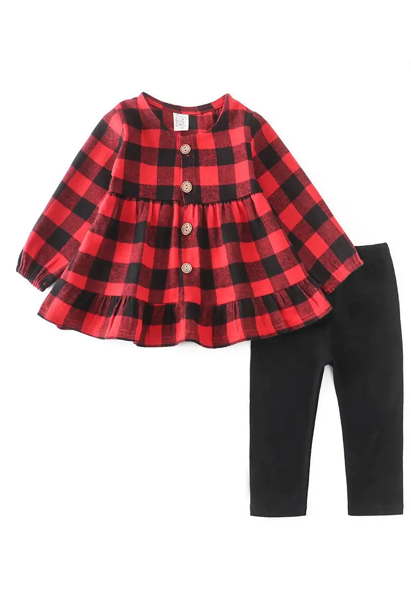 Monogrammed Black/Red Plaid Ruffle Set Honeydew