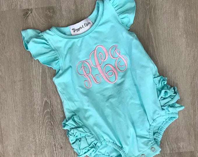 Monogrammed Bubble One Piece Icing Ruffle Romper Pink Poodle Designz