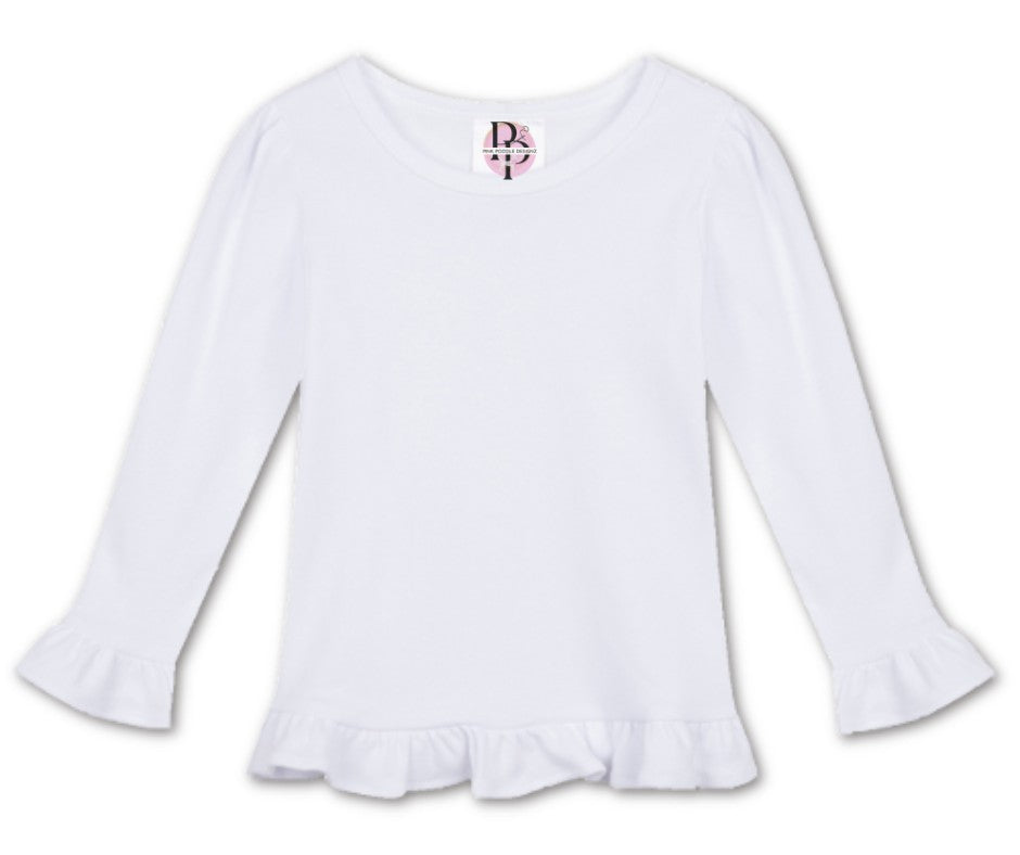 Monogrammed Girl's White Ruffle Long Sleeve Tee Pink Poodle Designz