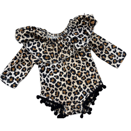 Monogrammed Leopard Bodysuit With Ball Trim Pink Poodle Designz