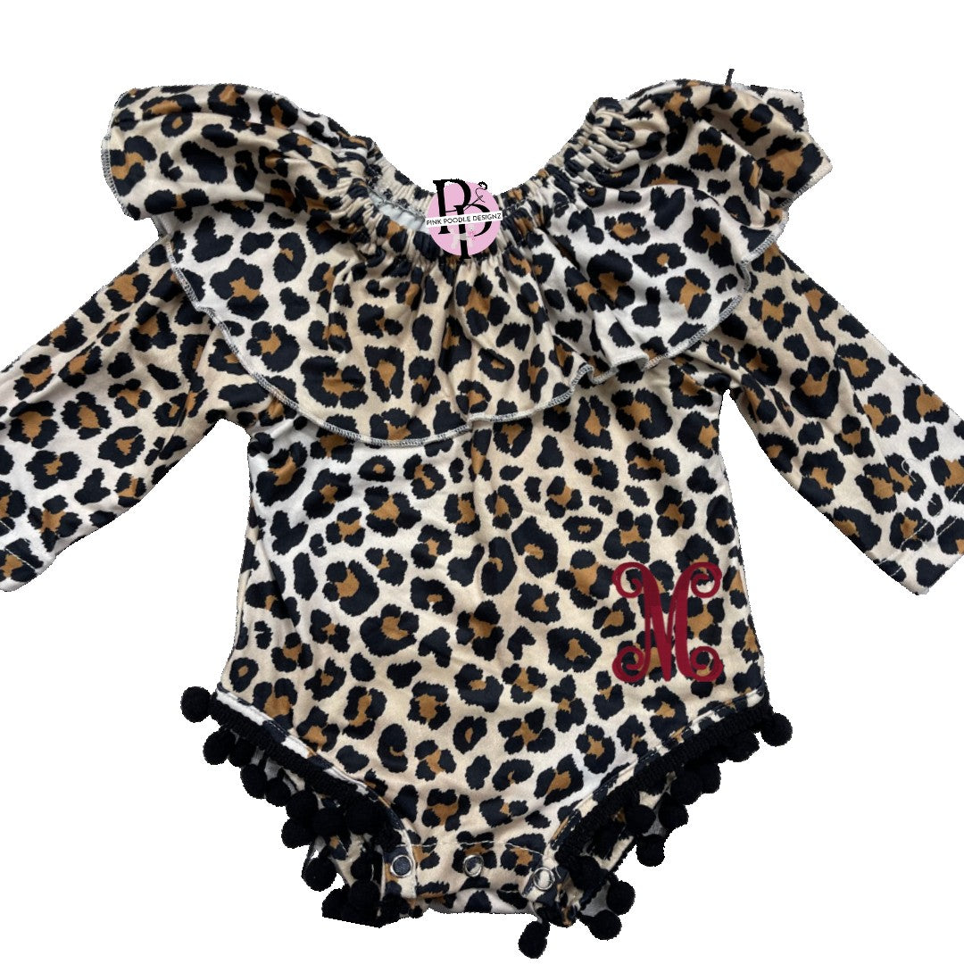 Monogrammed Leopard Bodysuit With Ball Trim Pink Poodle Designz