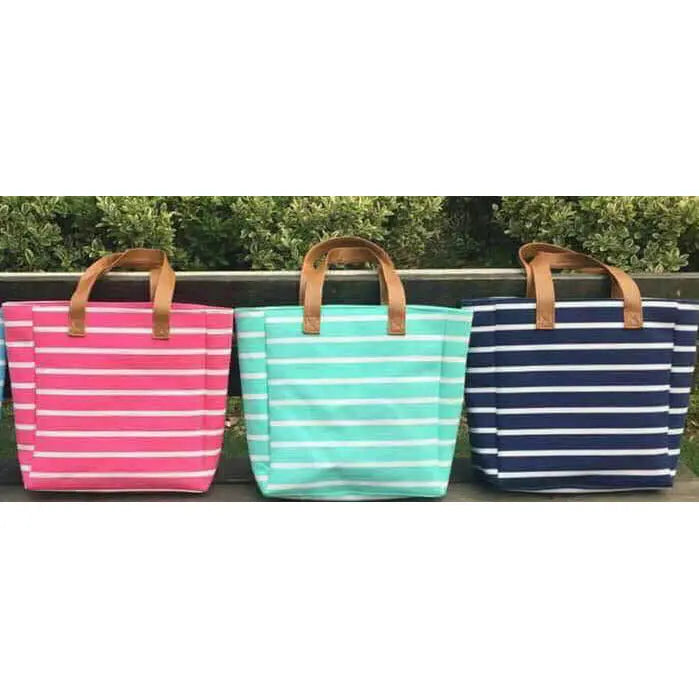 Monogrammed Mint Striped Canvas Tote Pink Poodle Designz