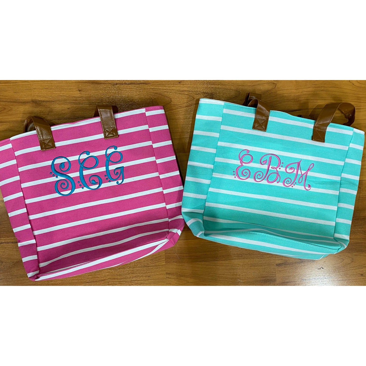 Monogrammed Mint Striped Canvas Tote Pink Poodle Designz