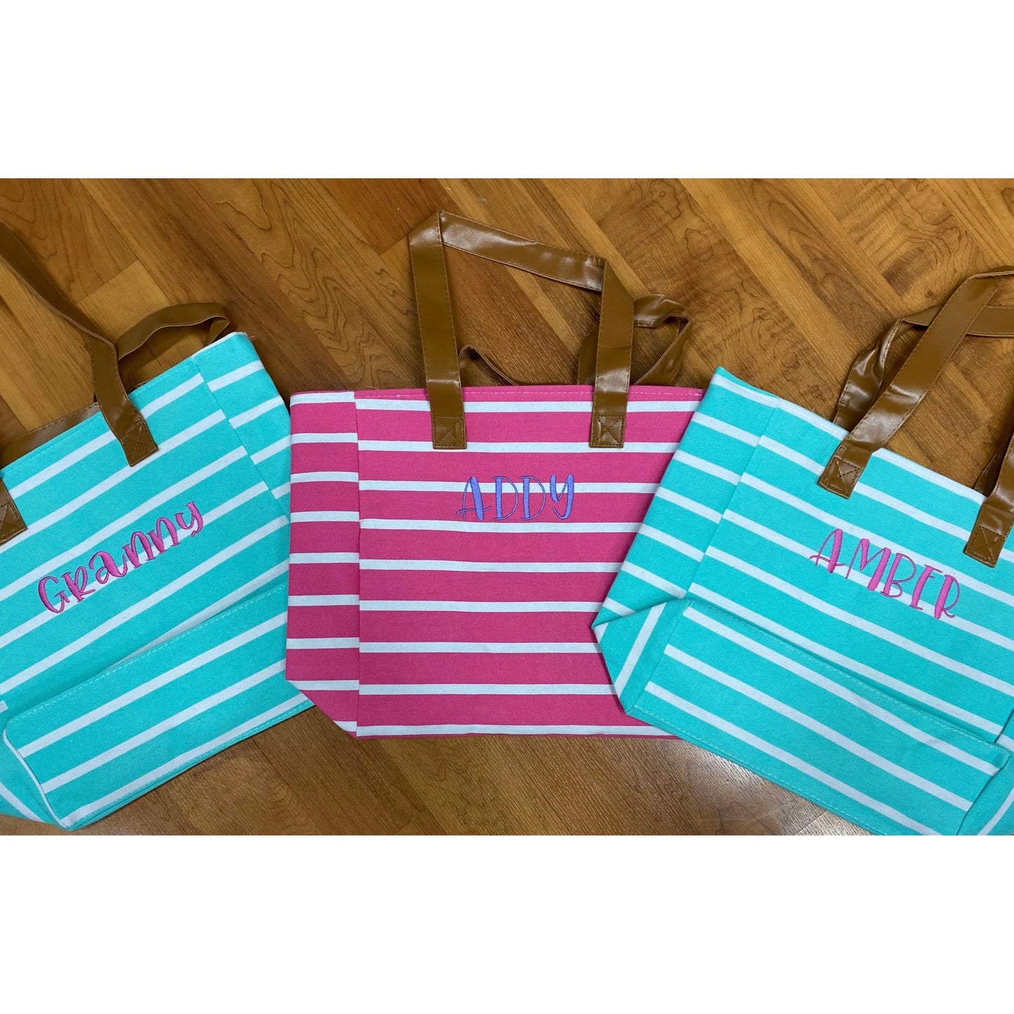 Monogrammed Mint Striped Canvas Tote Pink Poodle Designz