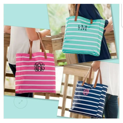 Monogrammed Mint Striped Canvas Tote Pink Poodle Designz