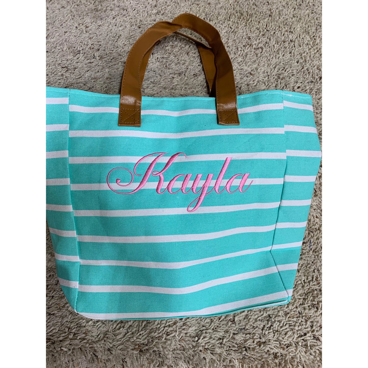 Monogrammed Mint Striped Canvas Tote Pink Poodle Designz