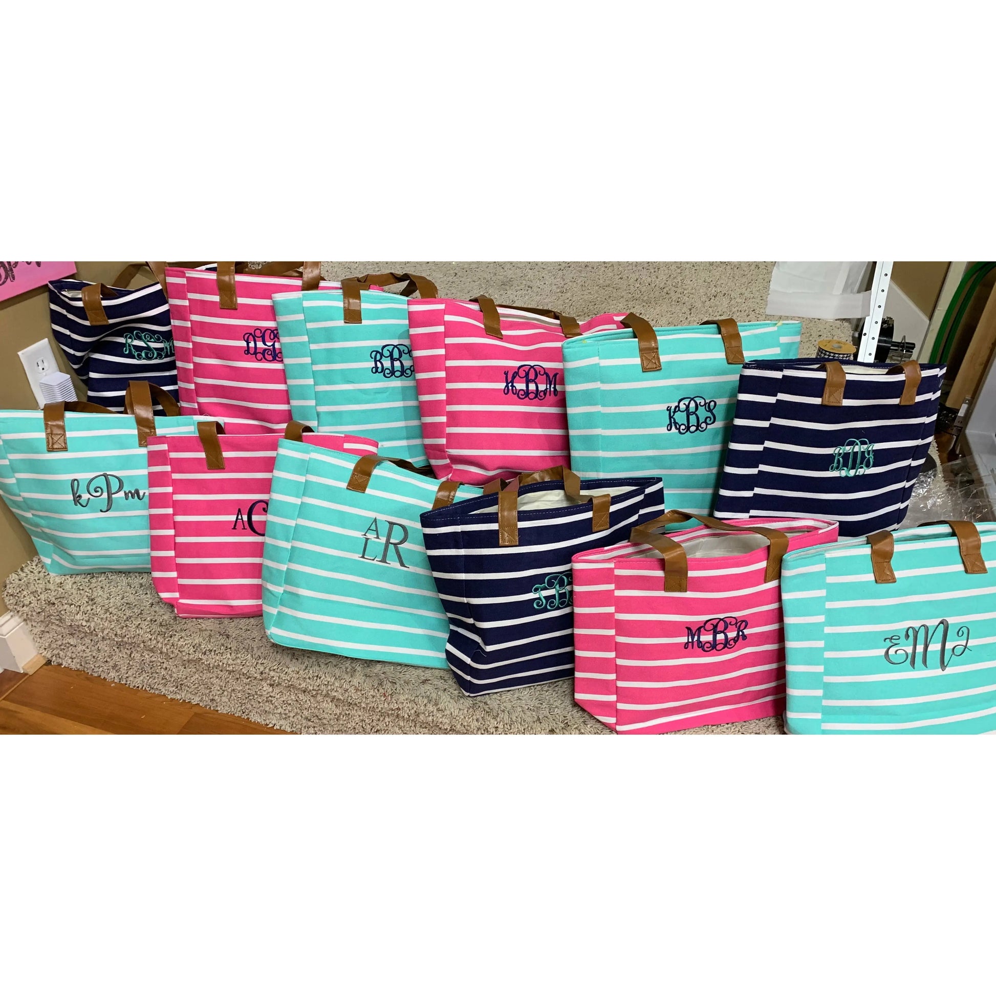 Monogrammed Navy Striped Canvas Tote Pink Poodle Designz