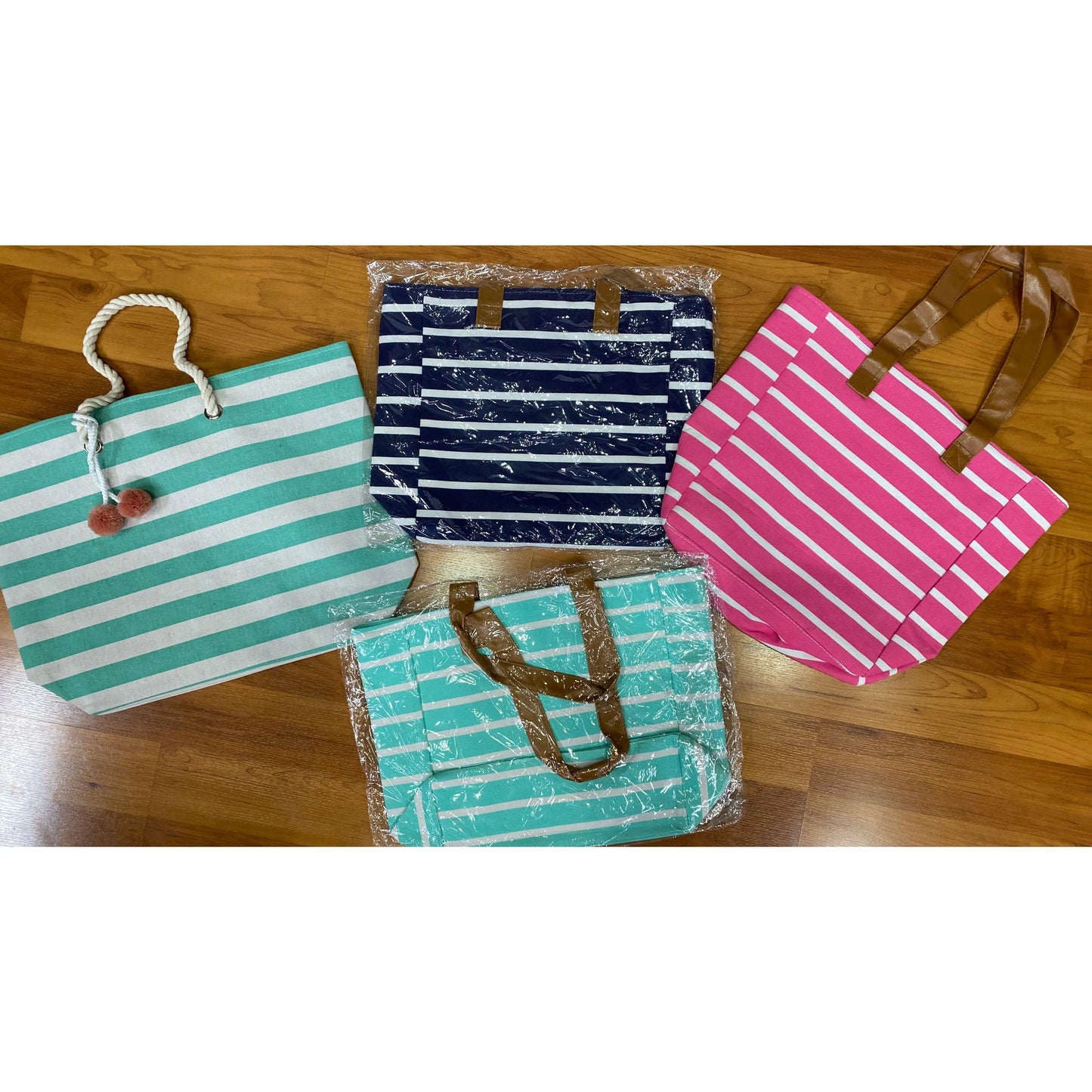 Monogrammed Navy Striped Canvas Tote Pink Poodle Designz