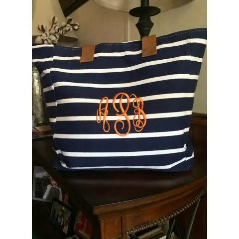 Monogrammed Navy Striped Canvas Tote Pink Poodle Designz