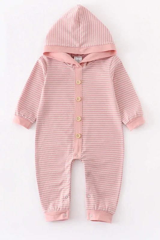 Monogrammed Pink Stripe Button Down Baby Hoodie Romper Honeydew