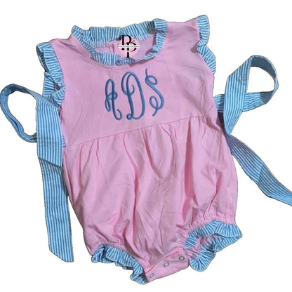 Monogrammed Pink & Blue Cotton Seersucker Sunsuit Pink Poodle Designz