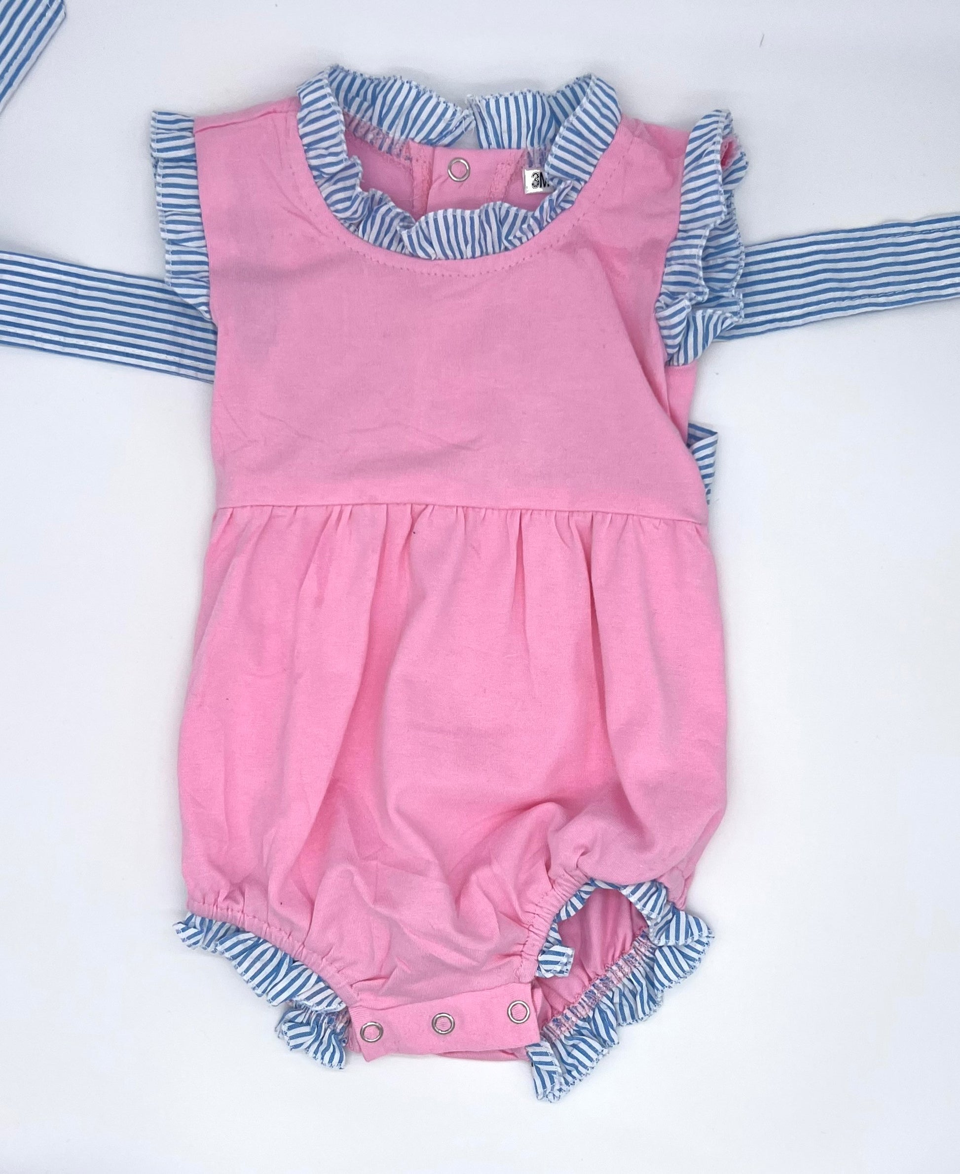 Monogrammed Pink & Blue Cotton Seersucker Sunsuit Pink Poodle Designz