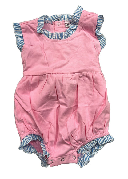 Monogrammed Pink & Blue Cotton Seersucker Sunsuit Pink Poodle Designz