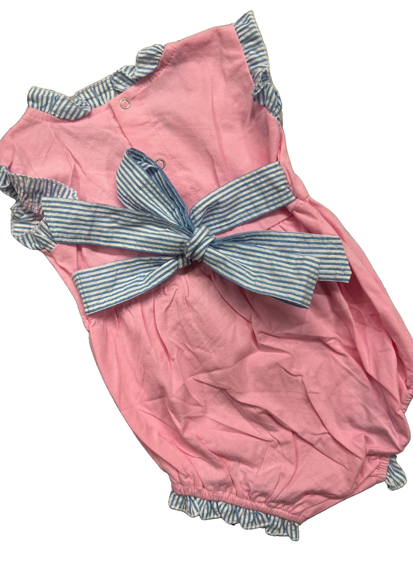 Monogrammed Pink & Blue Cotton Seersucker Sunsuit Pink Poodle Designz