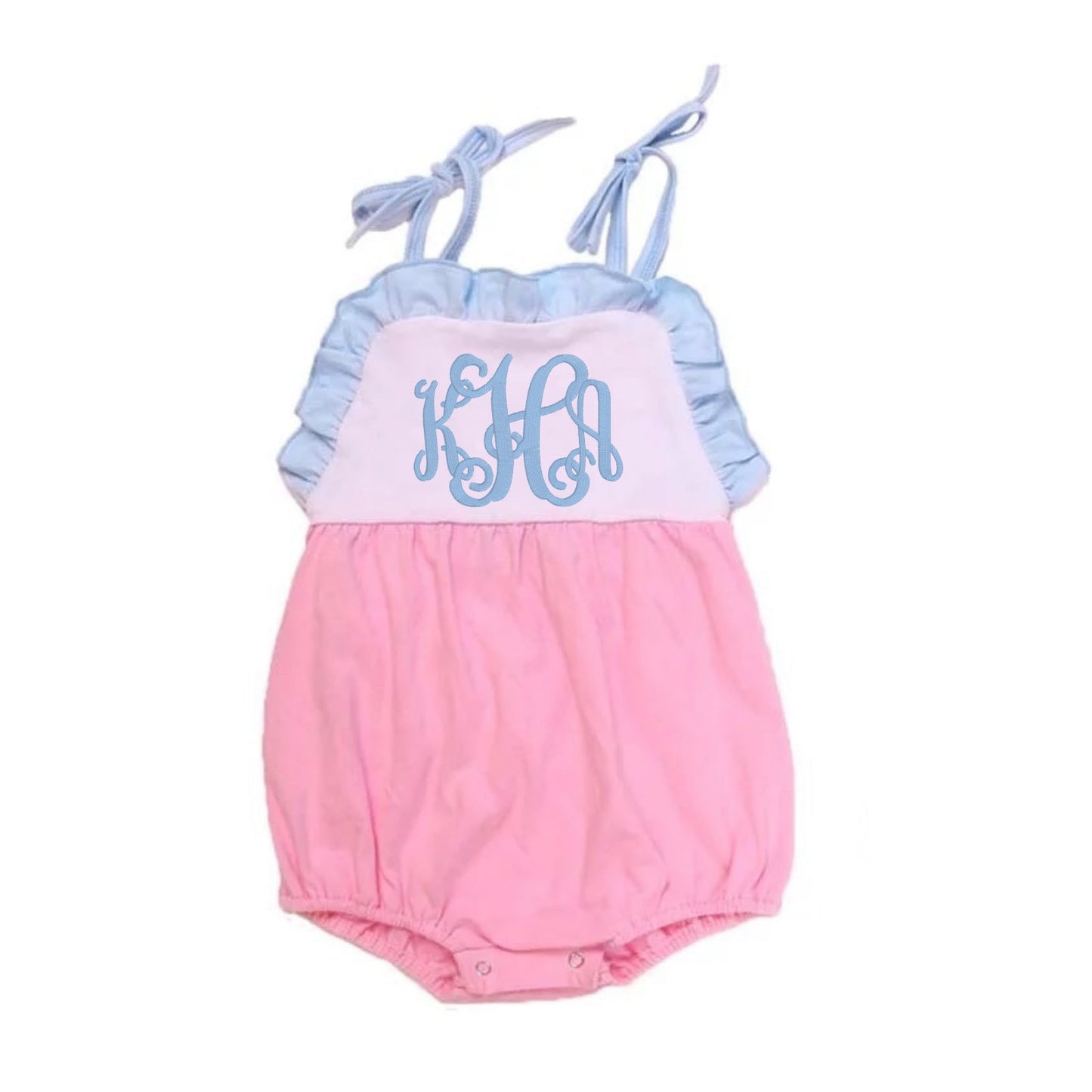 Monogrammed Pink, White, & Blue Girl's Ruffle Knit Sunsuit Pink Poodle Designz
