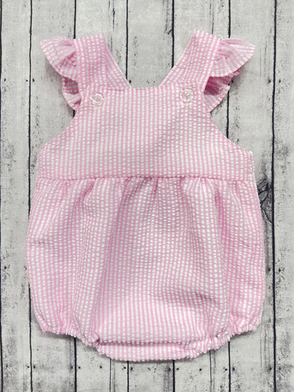 Monogrammed Seersucker Ruffle Bubble Sunsuit Pink Poodle Designz