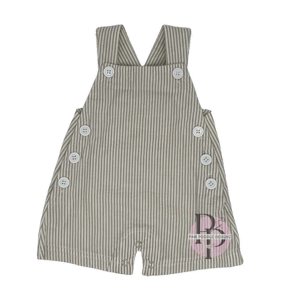 Monogrammed Tan/White Striped Seersucker Sunsuit Pink Poodle Designz