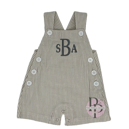 Monogrammed Tan/White Striped Seersucker Sunsuit Pink Poodle Designz