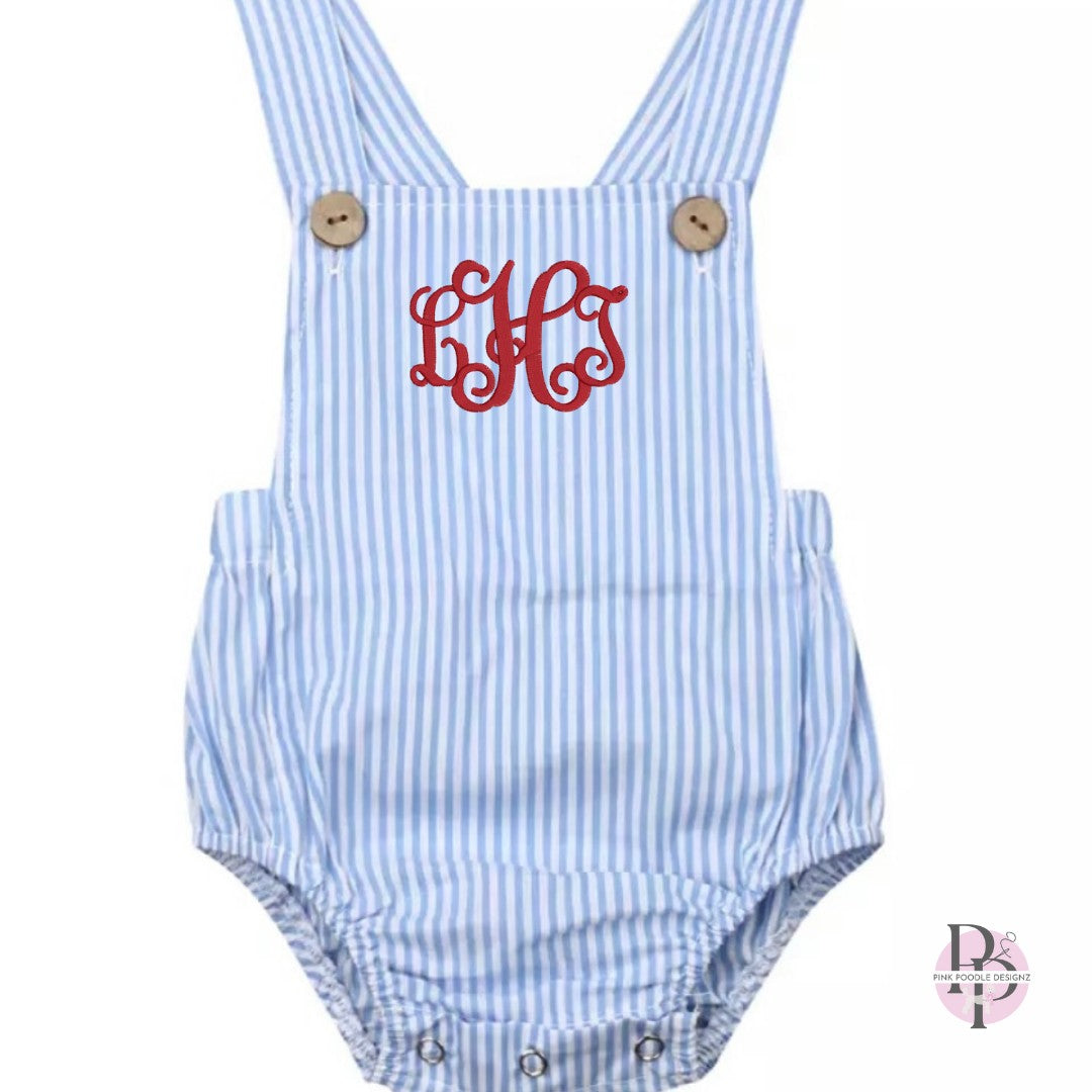 Monogrammed Unisex Sleeveless Casual Playsuit Blue/White Stripe Pink Poodle Designz