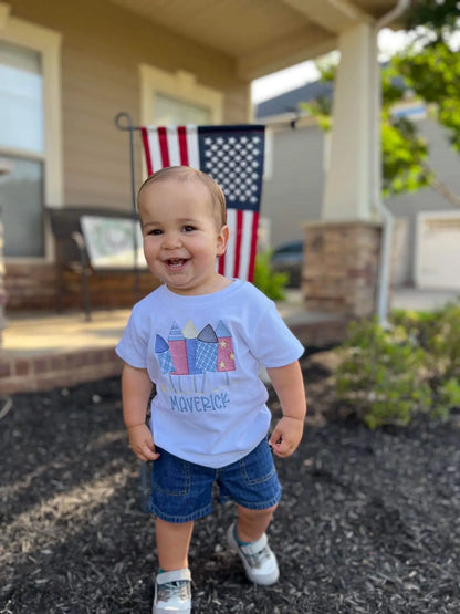 Patriotic Rockets Applique Boy's Short Sleeve Tee Blanks Boutique