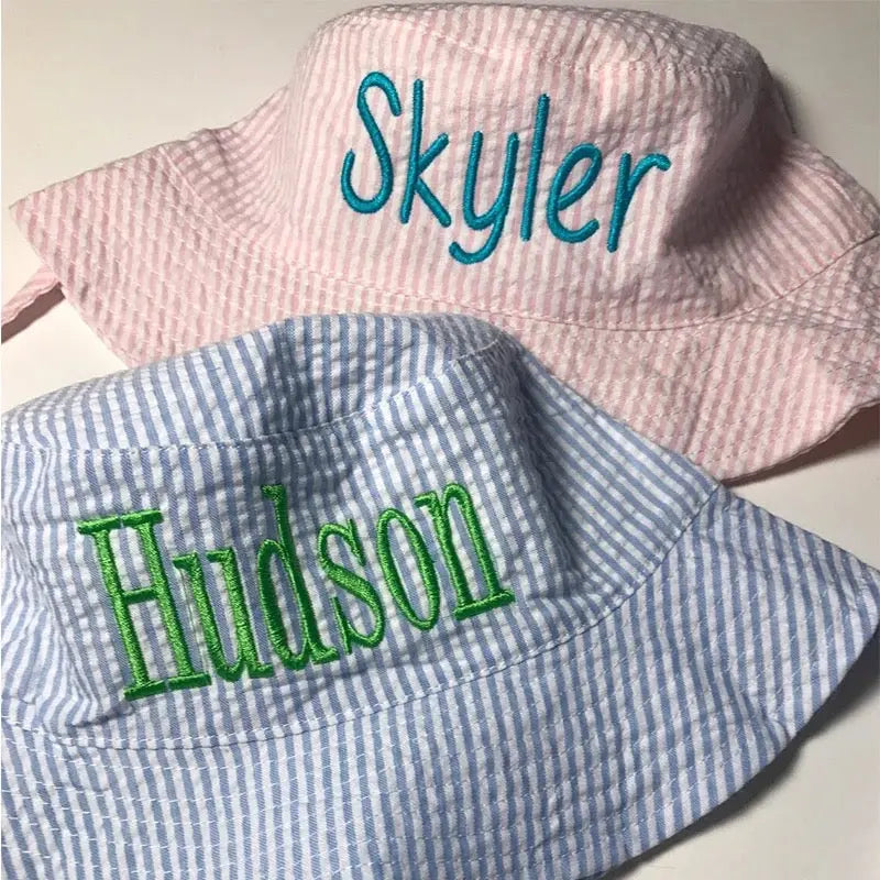 Personalized Infant/Toddler/Kids Seersucker Bucket Hat Pink Poodle Designz