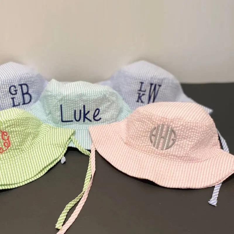 PERSONALIZED Pink & White Seersucker Personalized Sun Hat for Baby